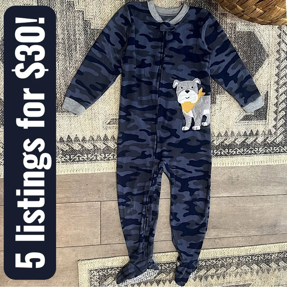Carter's 5T Boy Camo Fleece Zip Footie Pajamas Navy Camouflage with Dog Design